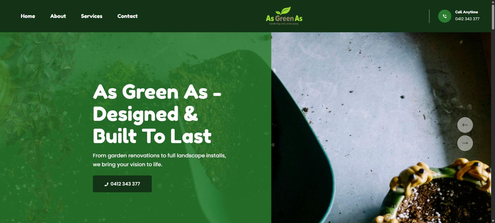 As Green As gardening website with green branding, service information and a call button