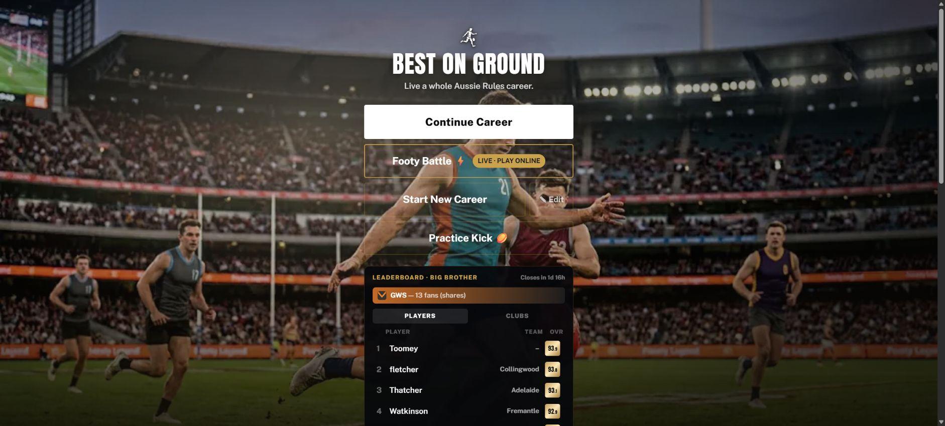 Best on Ground game menu with career, Footy Battle and practice options