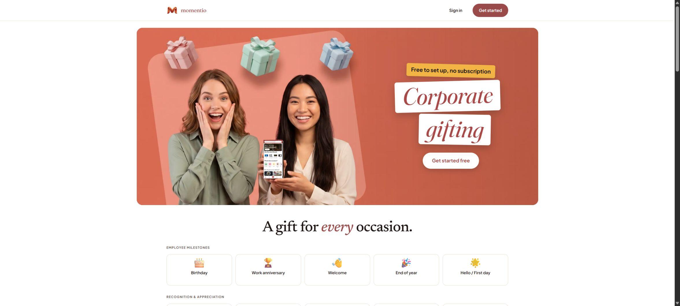 Momentio corporate gifting page with occasion-based gift categories